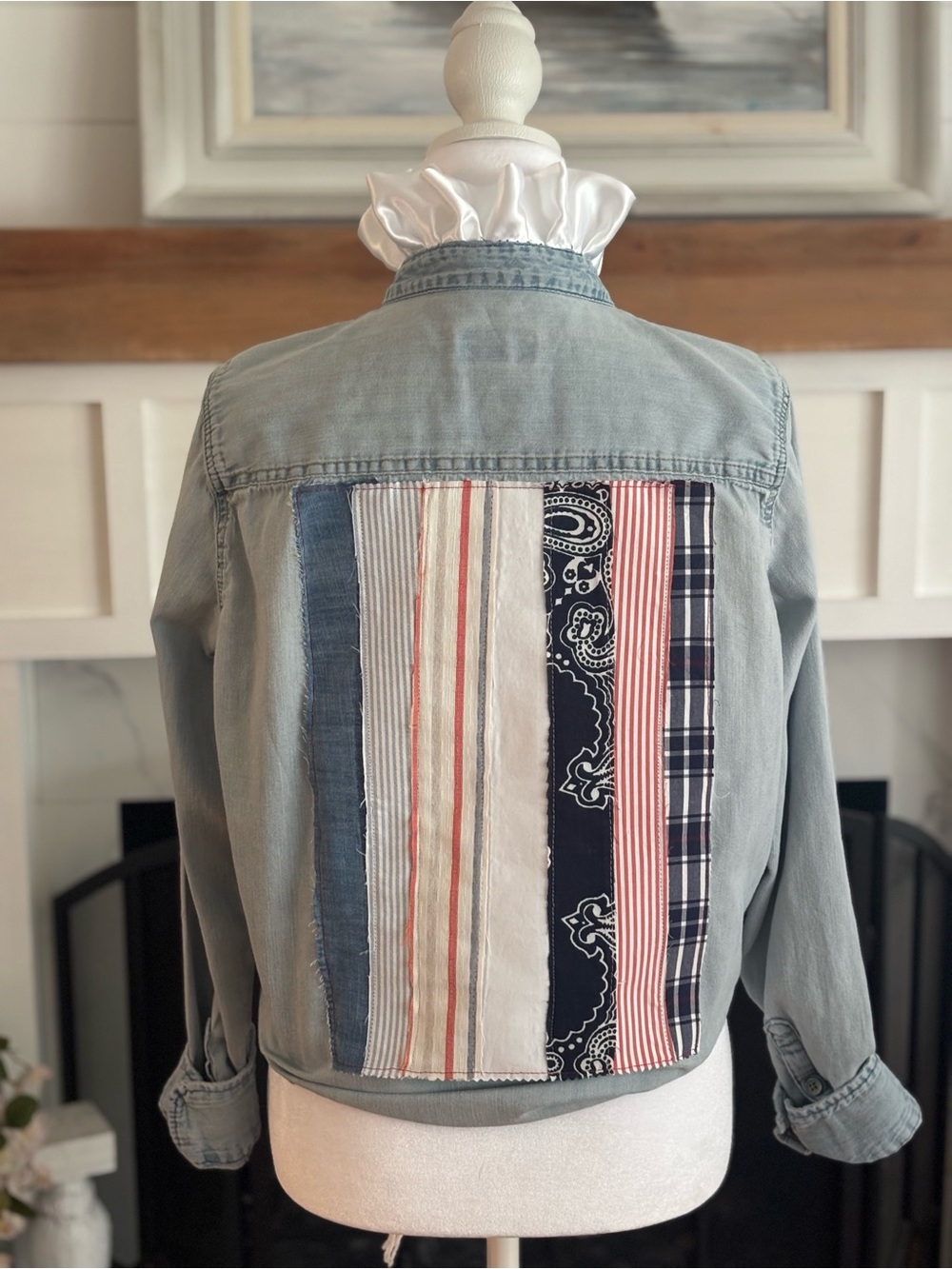 Custom Flag Back Denim Shirt with Satin Collar Size- chest 21” length 26”